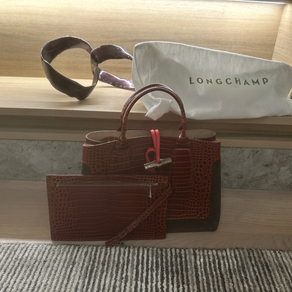 Longchamp Croc-Embossed Satchel and Pouch Set